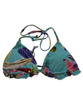 Vicious Young Babes Tropical Print Triangle Bikini Top Ruffle Hem Adj Straps VYB